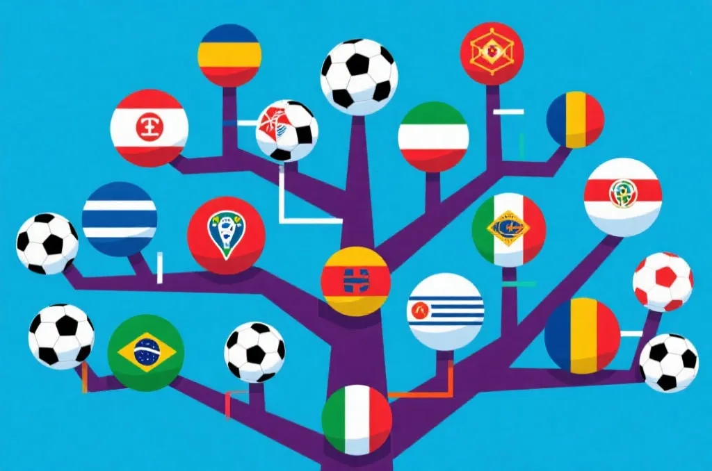 不同小组排名组合映射到世界杯淘汰对阵树的路径示意图